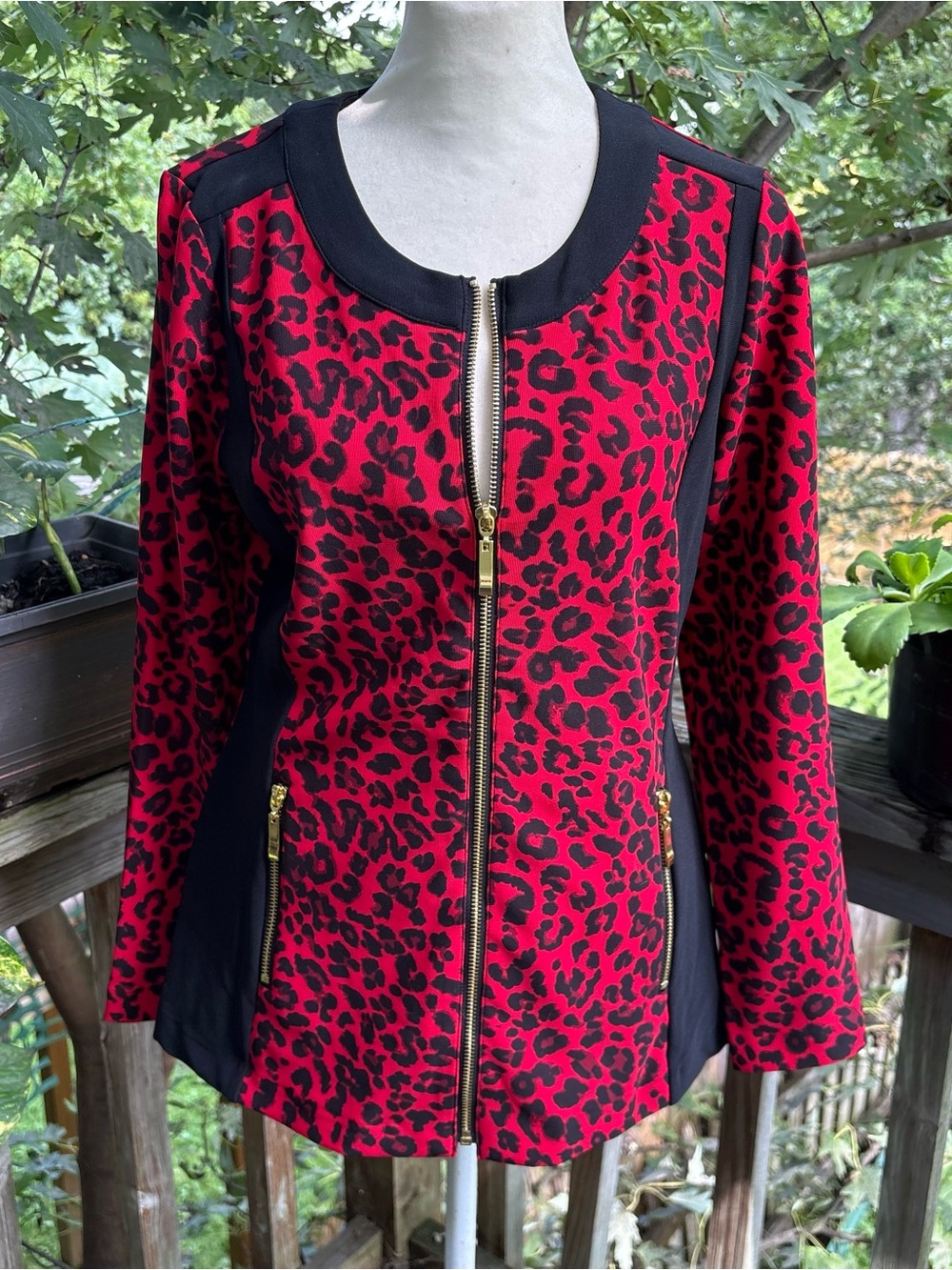 Boston Proper Red Black Leopard Animal Print Full Zip Jacket Women’s XS